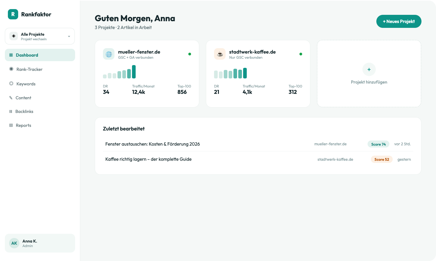 Rankfaktor Dashboard mit Projekten mueller-fenster.de und stadtwerk-kaffee.de